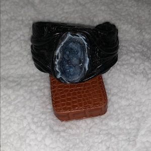 Genuine Black Leather Cuff Bracelet with Gray Druzy